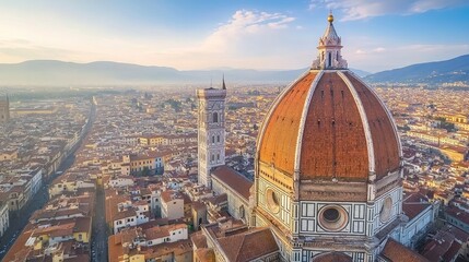 Top view of Florence's Cathedral of Santa Maria del Fiore, with its iconic red dome and surrounding cityscape