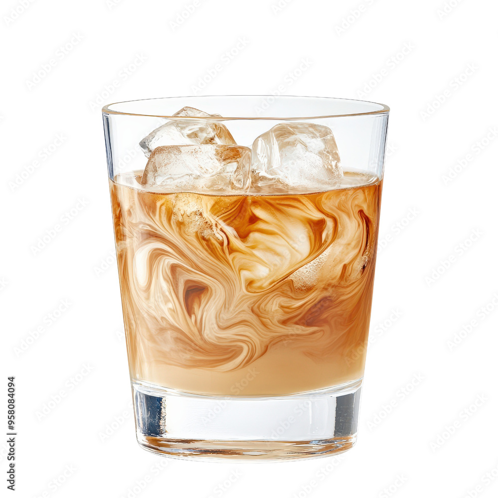 Poster glass of iced coffee with milk, creating a swirled pattern, perfect for summer refreshment or mornin