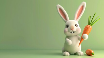 A cute cartoon bunny rabbit is holding a carrot.