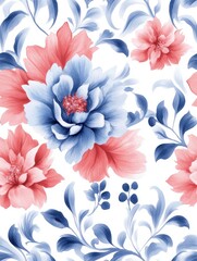 Fototapeta premium A seamless Baroque-inspired damask pattern in blue and red tones, rendered in watercolor style, features a continuous repeat on a white background.