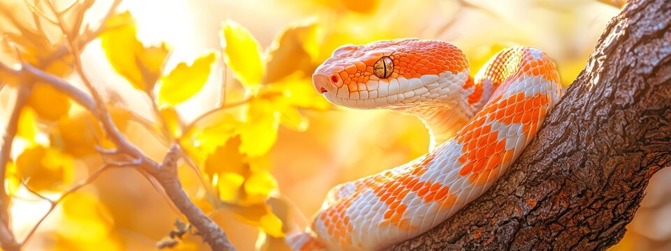  A tight shot of a snake coiled on a tree branch, surrounded by yellow autumn leaves Background softly blurred
