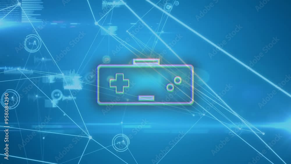Poster game controller icon animation over blue digital network background
