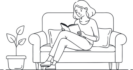continuous-single-line-drawing-of-girl-reading-book line art vector illustration