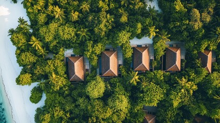 Top view of Maldives private beach villas surrounded by lush tropical vegetation and white sandy shorelines.