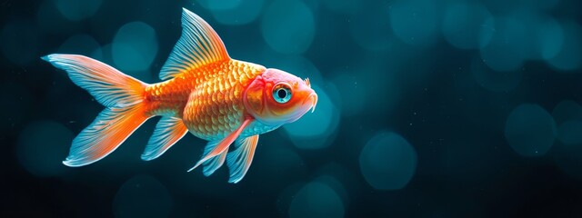  A goldfish swims near, its scales shimmering against a dark blue backdrop Lights softly blur in the distance