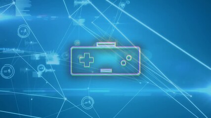 Game controller icon animation over blue digital network background - Powered by Adobe