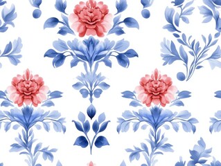 A seamless Baroque-inspired damask pattern in blue and red tones, rendered in watercolor style, features a continuous repeat on a white background.