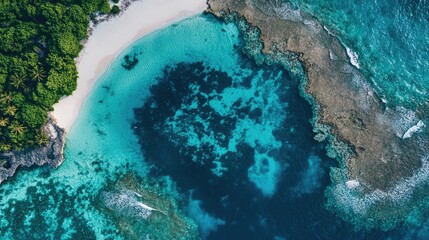 Obraz premium Top view of Maldives' turquoise tidal pools, surrounded by white sandy patches and coral formations.