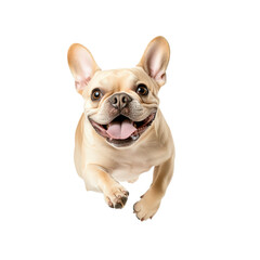 Happy French Bulldog running with tongue out on white background. Playful dog in motion, capturing joy and energy. Perfect for pet lovers.