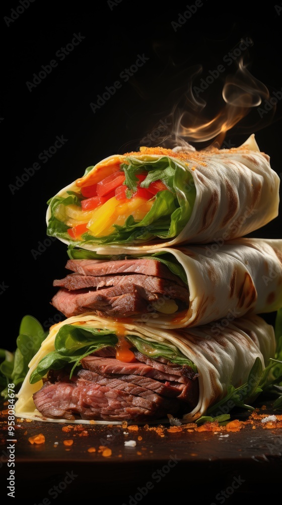 Poster fresh grilled beef turkish or chicken arabic shawarma doner sandwich with flying ingredient