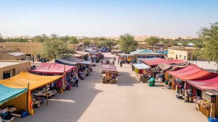 Naklejka premium Top view of the Al Ain Camel Market, showcasing colorful canopies and traditional market stalls in a desert setting. No people.
