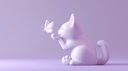 A white cartoon cat with a white butterfly on a light purple background.