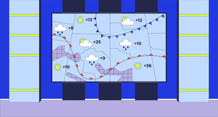 Broadcasting weather forecast map studio flat illustration. Weathercast backdrop. Weather conditions. Television program 2D interior cartoon background. Channel TV production scene vector image