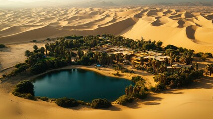 Obraz premium Top view of the arid landscapes and towering sand dunes of Huacachina, with an oasis in the middle of the desert