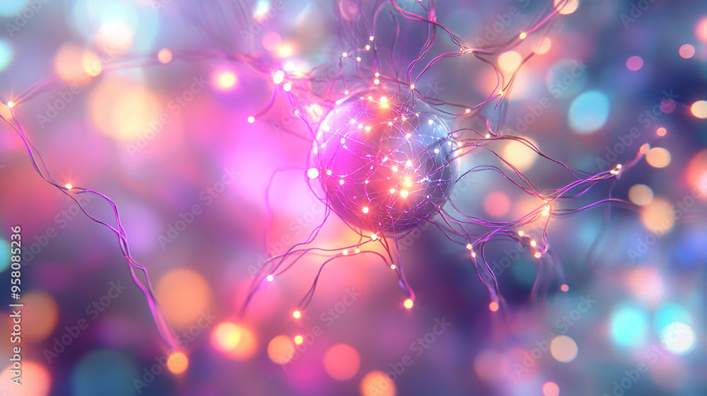 Poster colorful representation of a neuron with glowing synaptic connections in a vibrant abstract backgrou