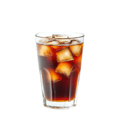 Refreshing glass of iced cola with ice cubes in a clear glass, isolated on white background, perfect for beverage marketing and advertisements.
