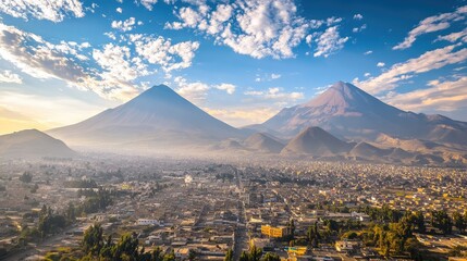 Top view of the city of Arequipa, framed by the towering volcanoes Misti, Chachani, and Pichu Pichu