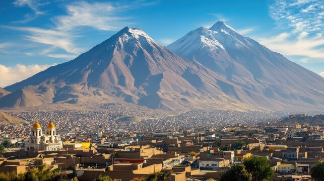 Top view of the city of Arequipa, framed by the towering volcanoes Misti, Chachani, and Pichu Pichu