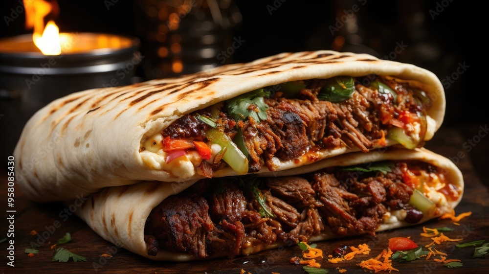 Wall mural fresh grilled beef turkish or chicken arabic shawarma doner sandwich with flying ingredients