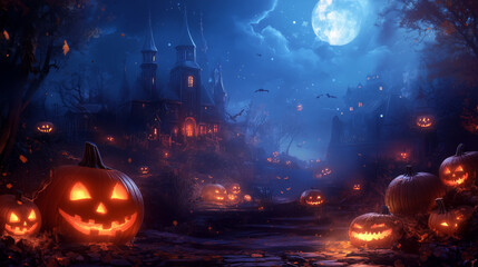 Halloween pumpkins in front of a spooky haunted house at night