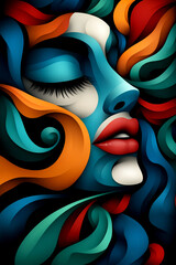 A colorful painting of a woman with a red lip and blue eyes. The painting is abstract and has a lot of different colors