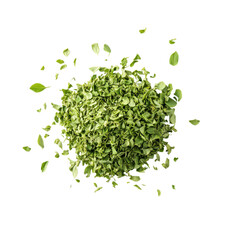Top view of dried oregano leaves scattered on a white background. Perfect for culinary, cooking, and herb-related themes.