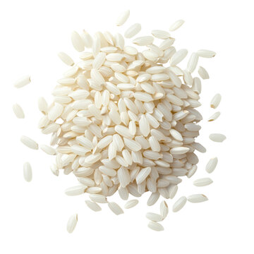 Top view of a pile of white rice grains isolated on a white background, perfect for food and cooking related projects.