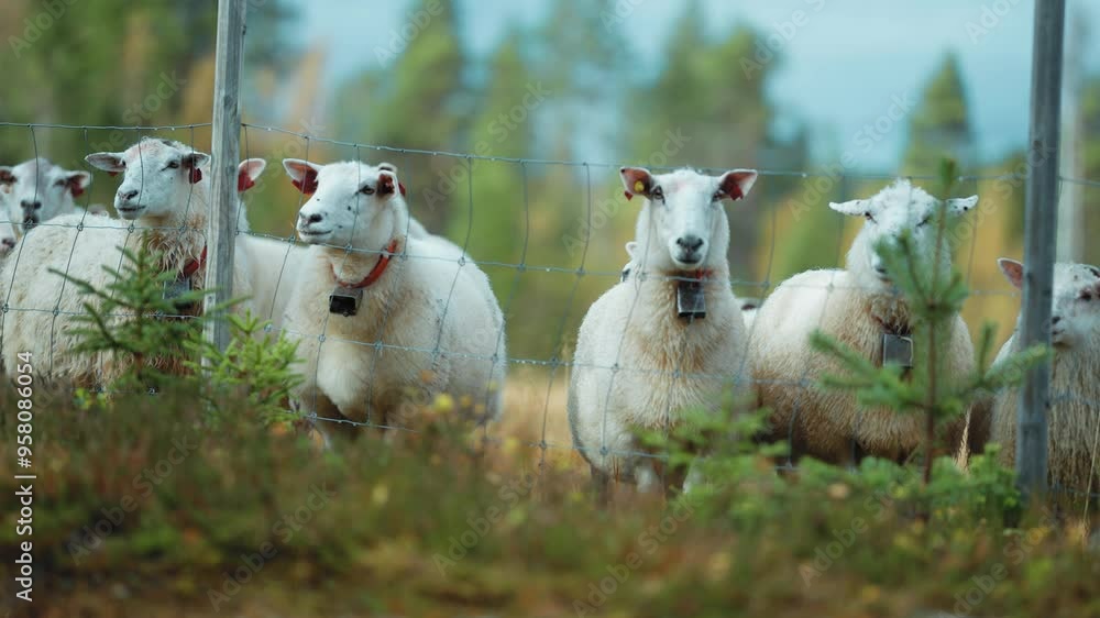 Poster a flock of sheep stands behind the electric fence curiously observing the surroundings. parallax sho