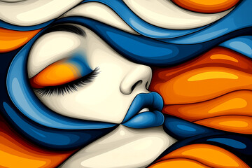 A woman's face is painted with blue and orange colors. The painting is abstract and has a dreamy, ethereal quality. The woman's eyes are closed, and her lips are painted blue, giving her a serene