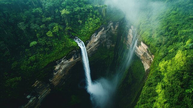 Top view of the remote Gocta Waterfall, surrounded by lush green jungle and cascading down steep cliffs