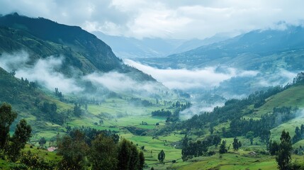 Fototapeta premium Top view of the rugged highland scenery of Cajamarca, with its verdant valleys and misty mountain ranges