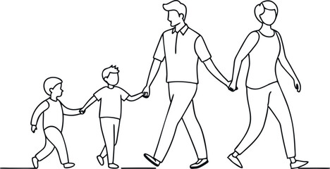 continuous single line drawing of parents with two young boys walking hand in hand, line art vector illustration