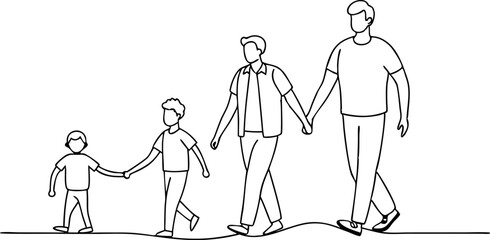 continuous single line drawing of parents with two young boys walking hand in hand, line art vector illustration
