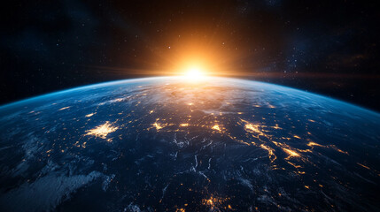 A breathtaking view of Earth from space at sunrise, highlighting city lights along coastlines and continents beneath a distant glowing sun