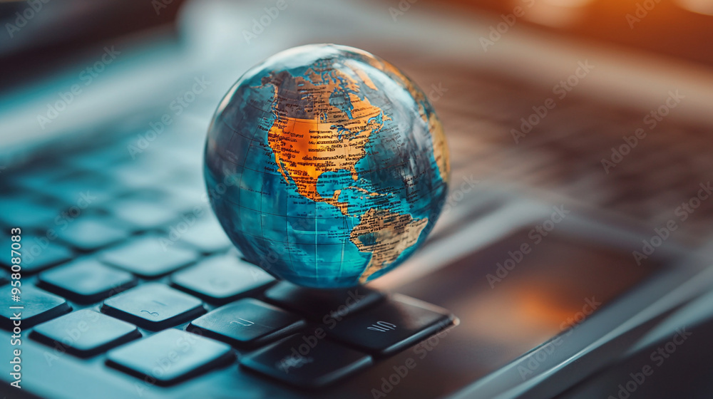 Poster a small globe rests on a keyboard, symbolizing global connectivity and technology in a modern worksp