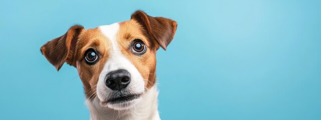  A dog's face in detailed focus against a blue backdrop, featuring a distinct black speck in one eye