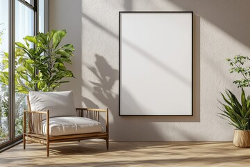 Poster Frame in Beige minimalist living room interior created with generative AI