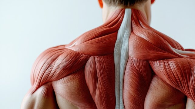 Closeup of a man's back with visible muscles, showcasing the anatomy of the human body.