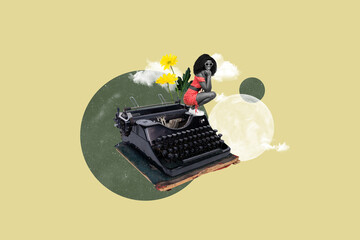 Trend artwork sketch image composite photo collage of silhouette lady model sit huge typewrite...
