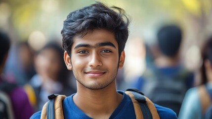 Fototapeta premium Portrait of a Smiling Young Man with Backpack in Urban Setting, Blurred Background, Casual Attire, Outdoors, Daytime