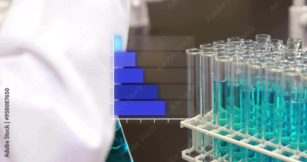 Poster bar chart animation over scientist working with test tubes in laboratory