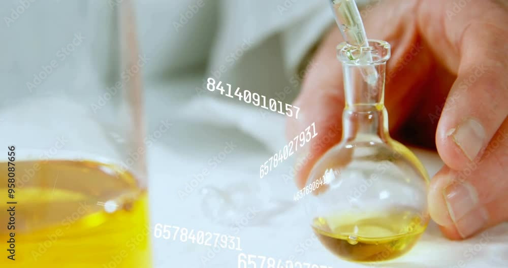 Poster pouring liquid into flask, scientific data animation over laboratory experiment