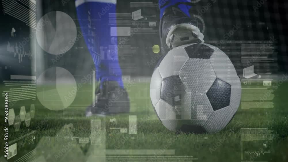 Poster soccer player kicking ball with data processing animation over green field