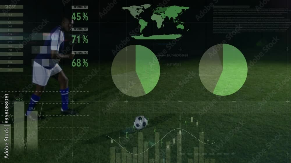 Poster soccer player on field with data analytics and world map animation overlay
