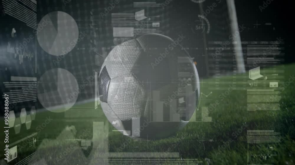 Poster soccer ball on grass with data processing animation over it