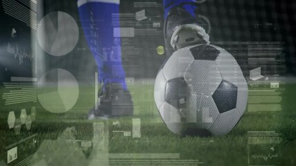 Soccer player kicking ball with data processing animation over green field - Powered by Adobe