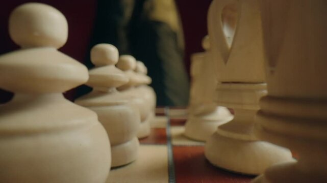 Closeup of chessboard, slider movement through white pieces, person enters in background