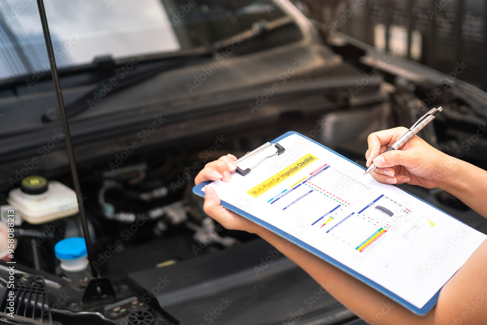 Wall mural close-up at a mechanic foreman's hand is checking on multi-point car service guideline checklist for