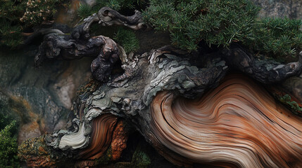 Abstract bonsai tree with unique wood grain texture, artistic and natural background