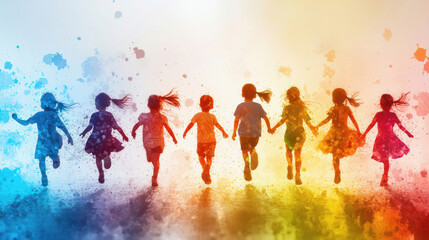 Obraz premium Group of children running together with colorful splashes